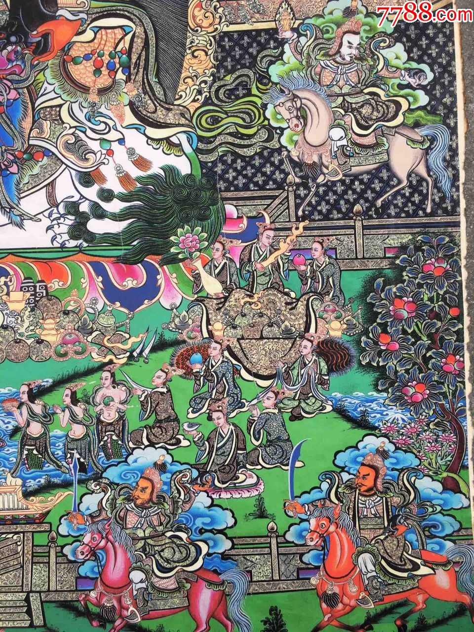 西藏唐卡八方财神画芯旧唐卡,未装裱,此唐卡早期丝绢纸印刷