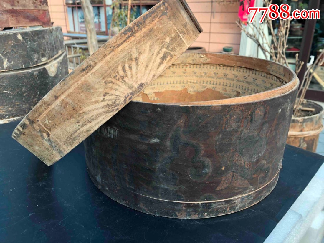 清代帽盒惜残古董收藏民俗老物件卖个便宜东西不错可惜残了!画的人物!
