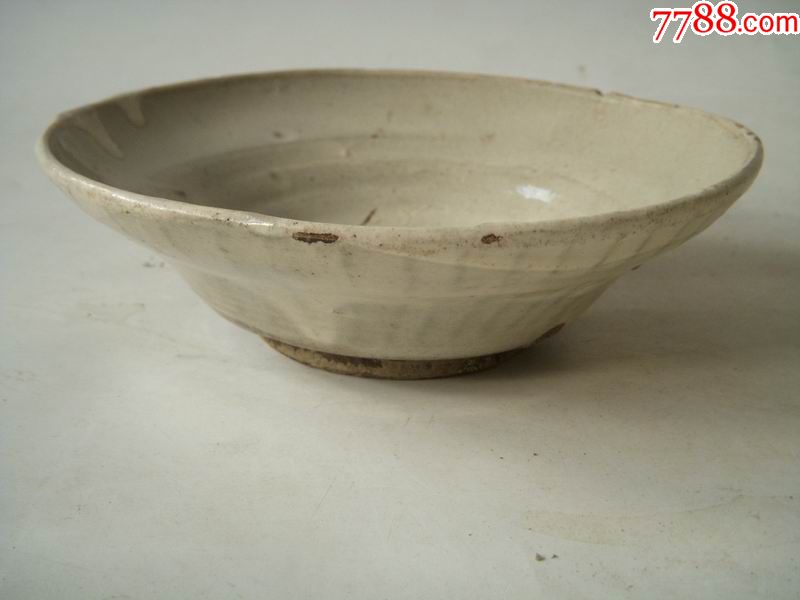 明代白釉青花折腰斗笠瓷碗真品老货