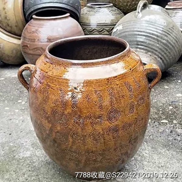 清代晚期金钱印纹硬陶耳缸黄釉陶器盛具罐坛子摆件收藏品