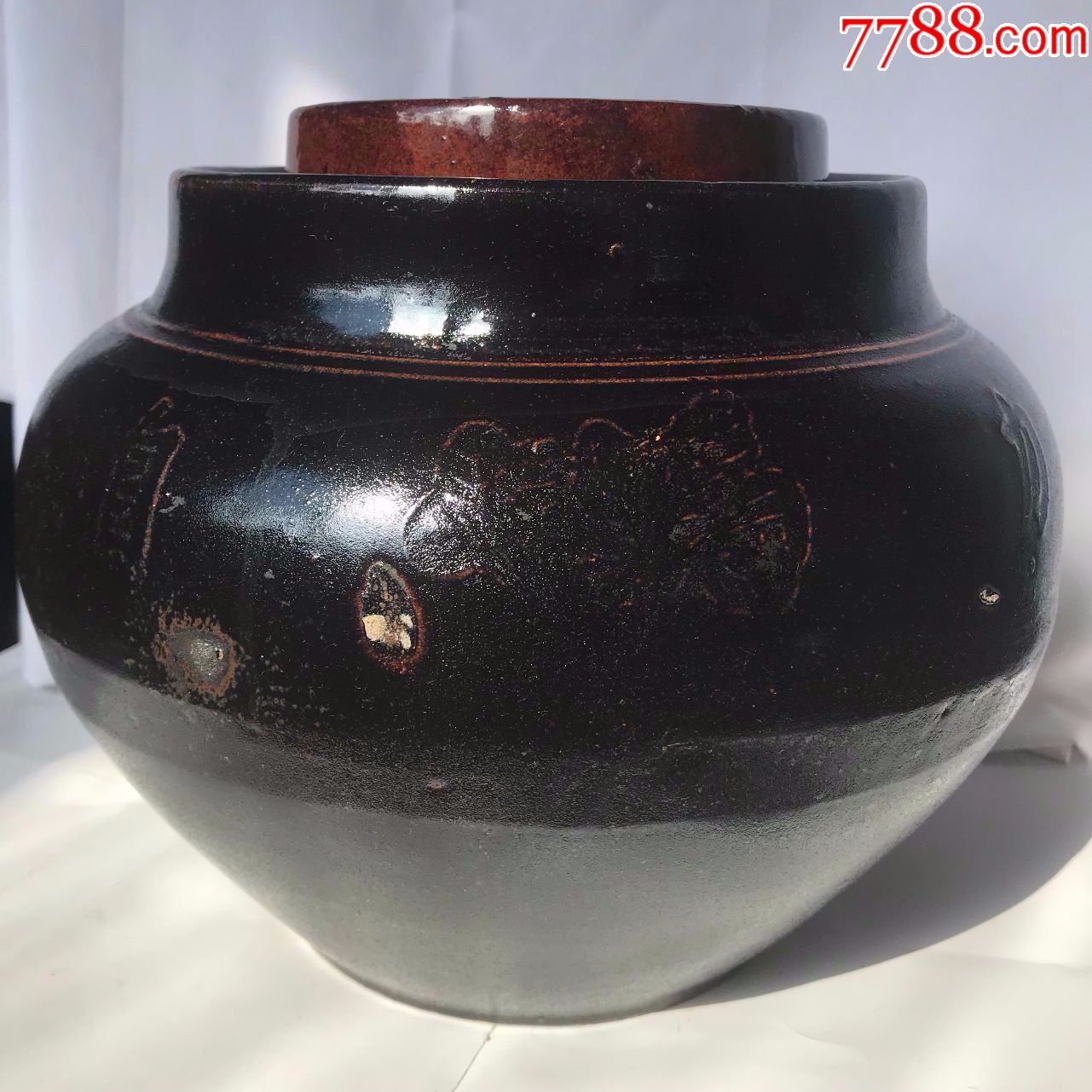 老瓷罐黑釉盖坛1900自立更生