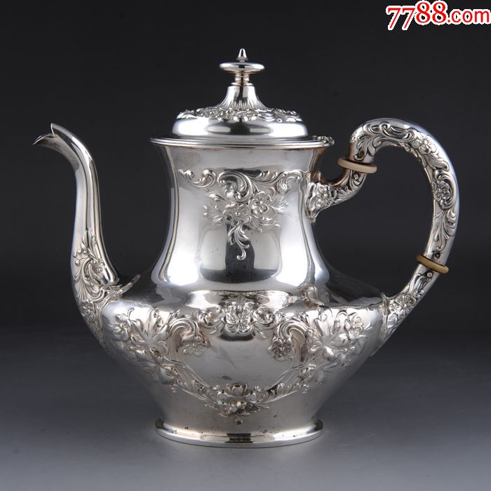 约470克美国gorham公司精美雕花925纯银茶壶西洋古董银器