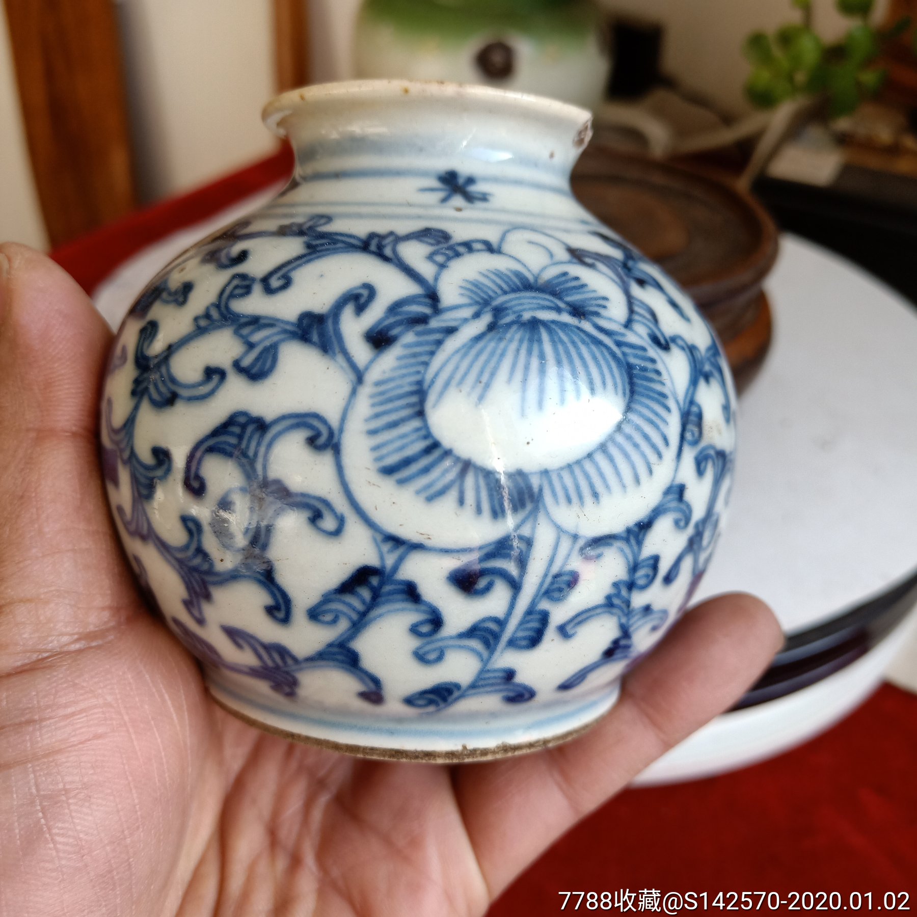 清中期青花喜子缠枝莲纹苹果鐏口磕余全品,青花瓷_第4张_7788青花瓷