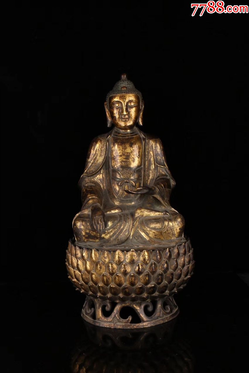 明代铜鎏金莲花座释迦牟尼佛_铜像/铜佛像_第1张_7788铜器收藏