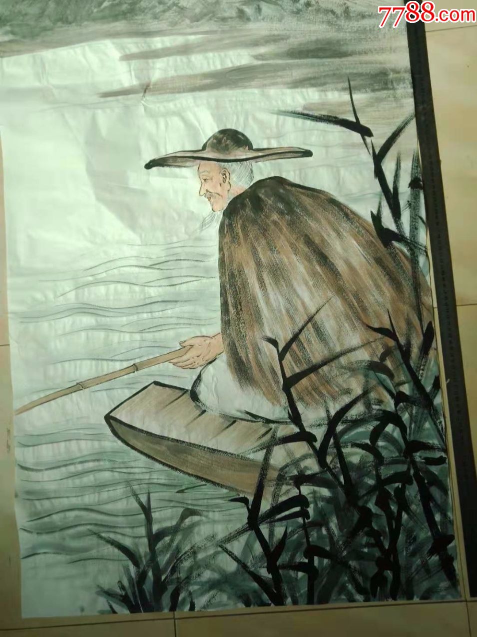 本地名家,纯手工绘画,四尺大尺寸人物画国画,渔翁独钓