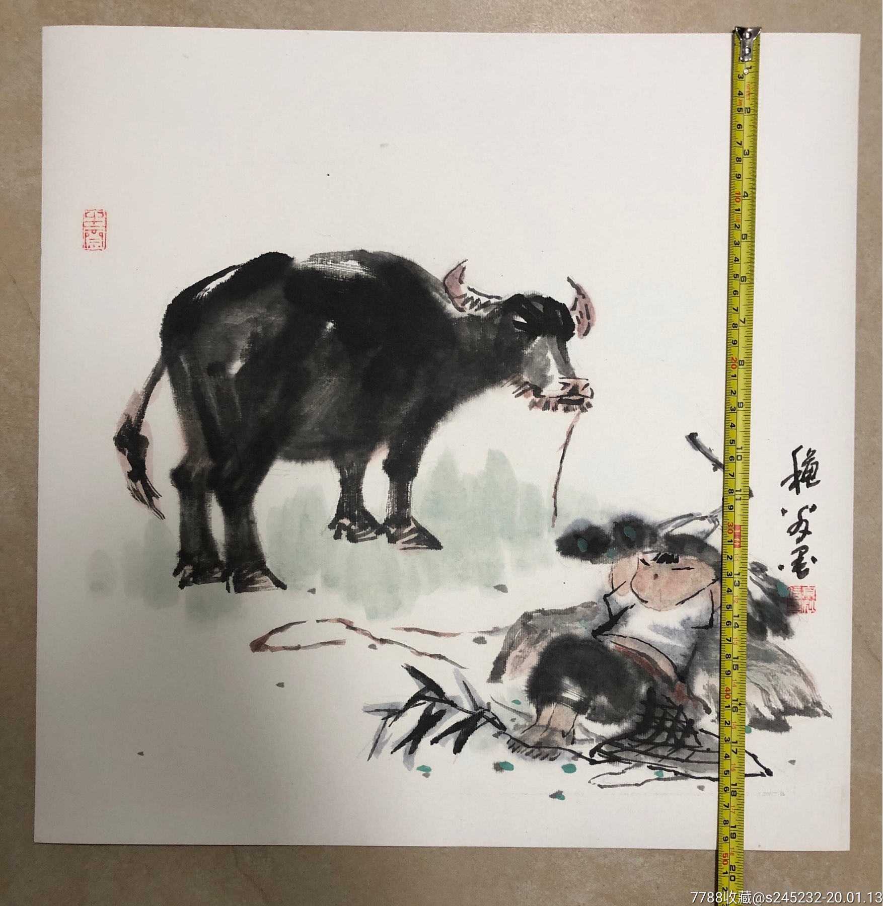 谢京秋"牧童放牛"国画一幅
