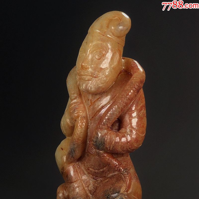清和田玉青白玉圆雕胡人戏蛇