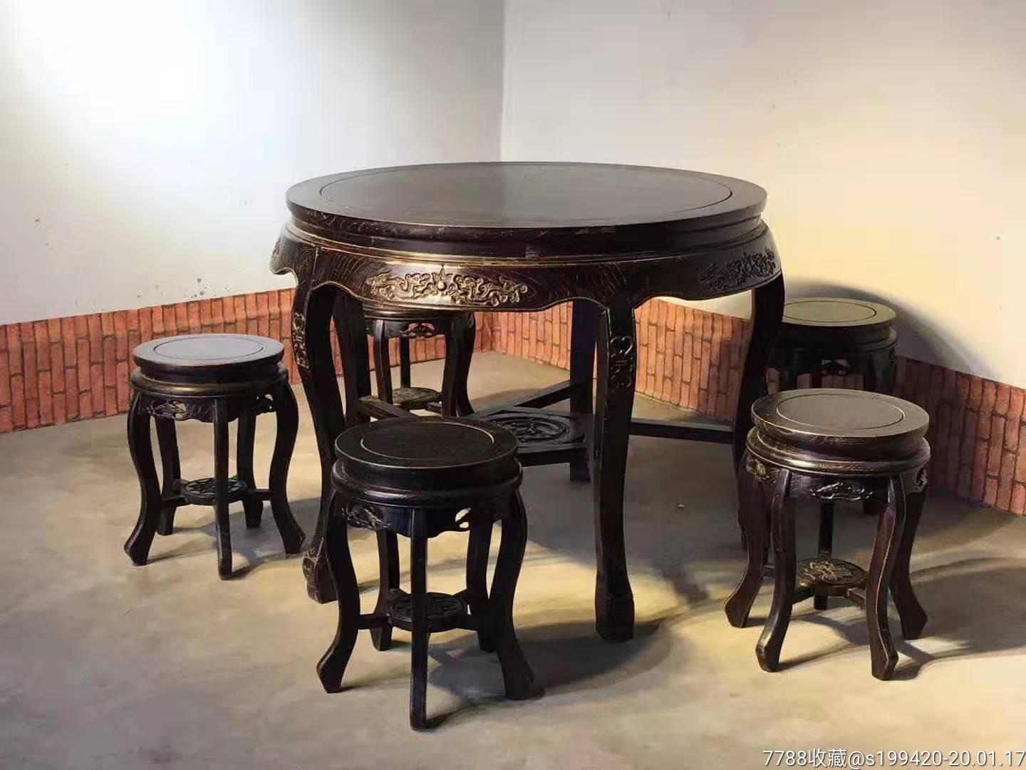 老榆木圆桌六件套.尺寸桌面直经100高80,凳子宽32高46