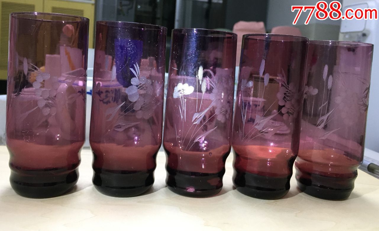 80年代花卉纹紫玻璃水杯水果杯葡萄酒杯单个价