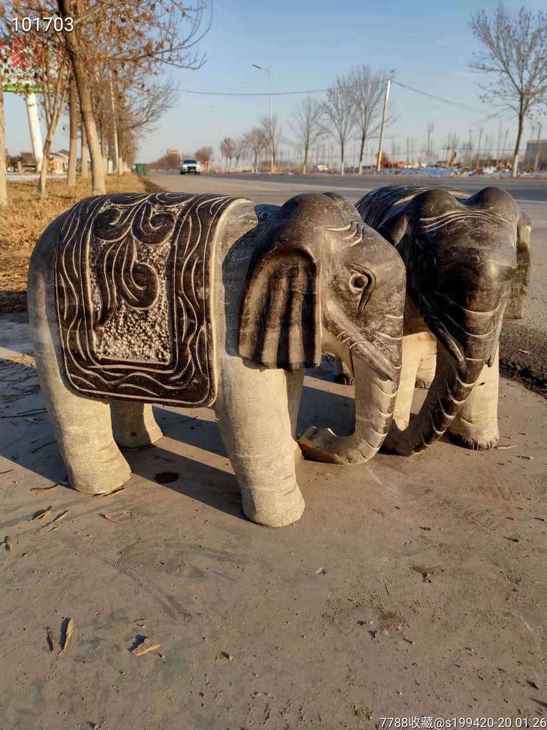 青石大象一对高40长50雕工精细全品无修