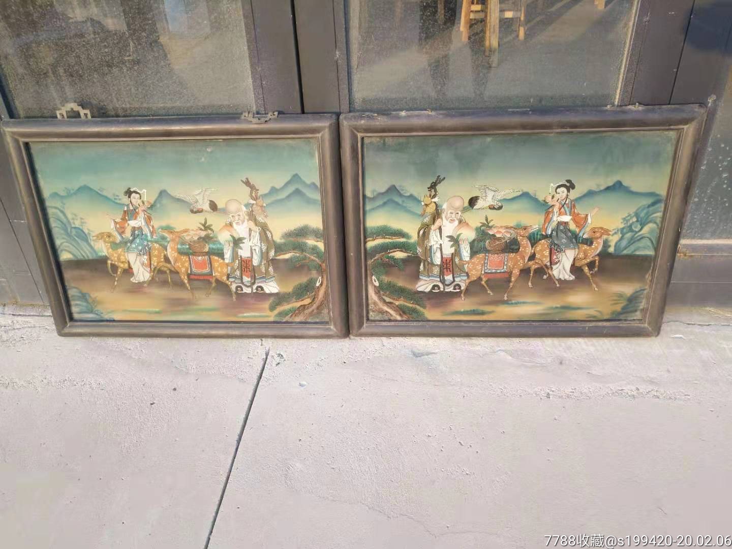 民国纯手绘福禄寿玻璃画挂屏一对.