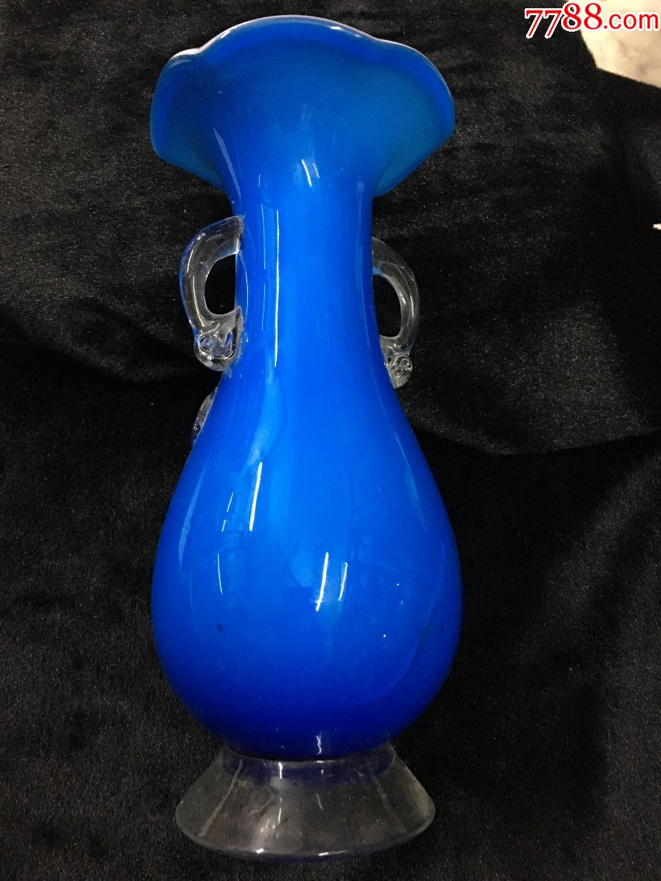 文玩清末清朝时期蓝色琉璃瓶花开富贵装饰花口琉璃花瓶