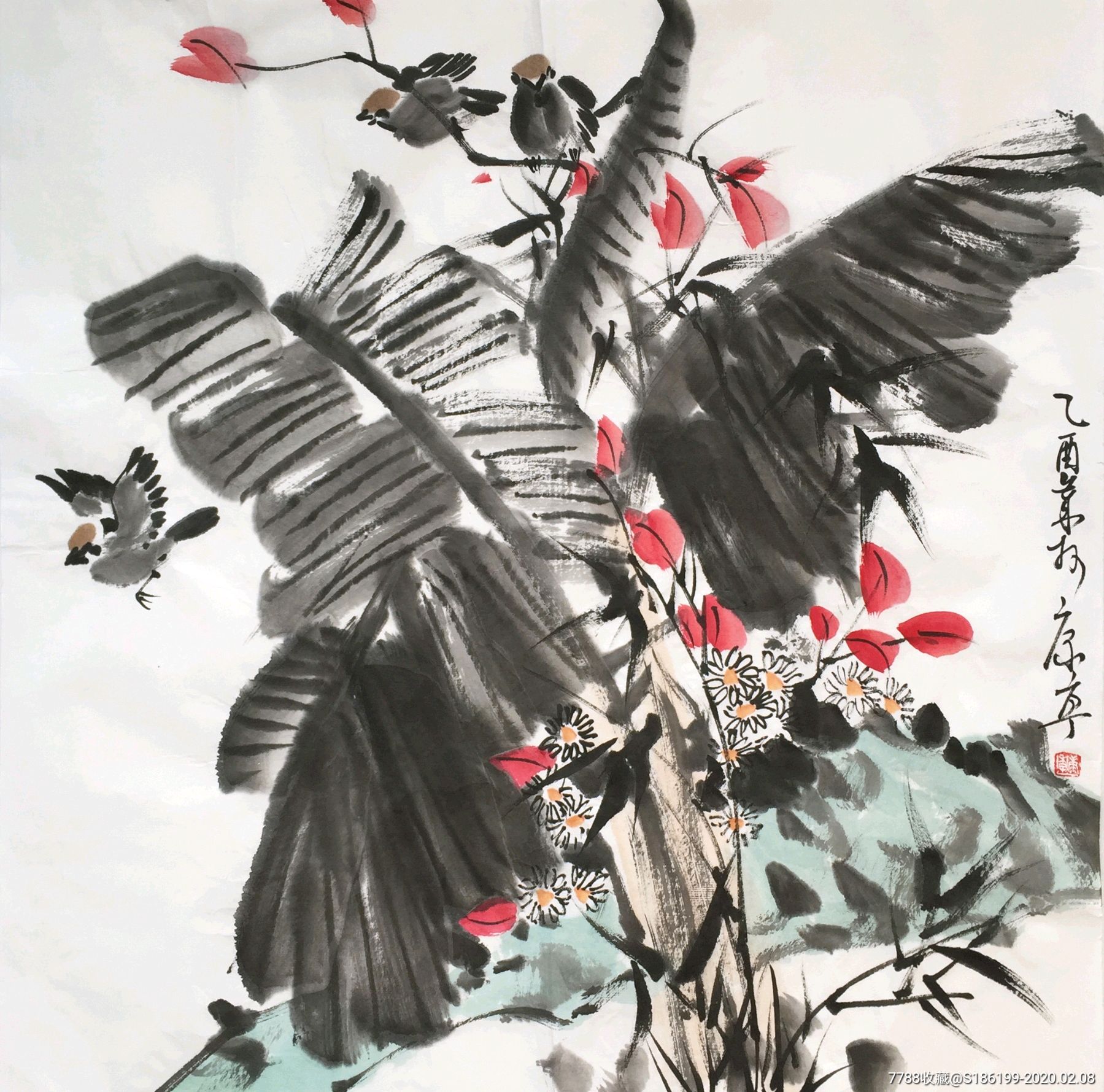 【康宁】国画大师李苦禅弟子,手绘四尺斗方花鸟画