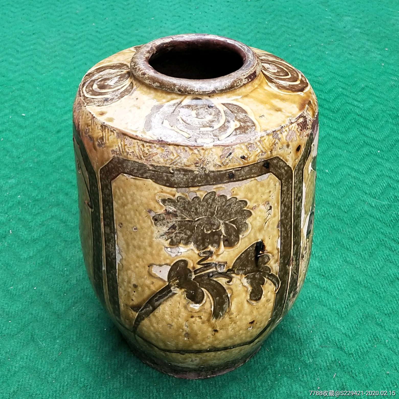 花鸟纹釉下黑彩开门黄釉陶瓶民国马口窑陶器冬瓜罐
