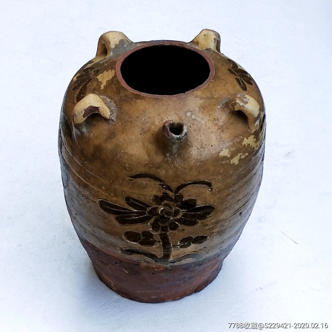 手绘花纹釉下黑彩釉陶酒壶清代马口窑陶罐坛子