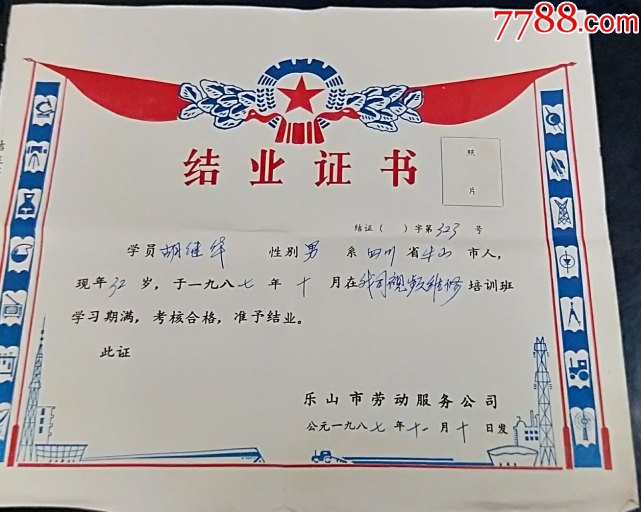 1987年乐山市劳务服务公司结业证书hh1871