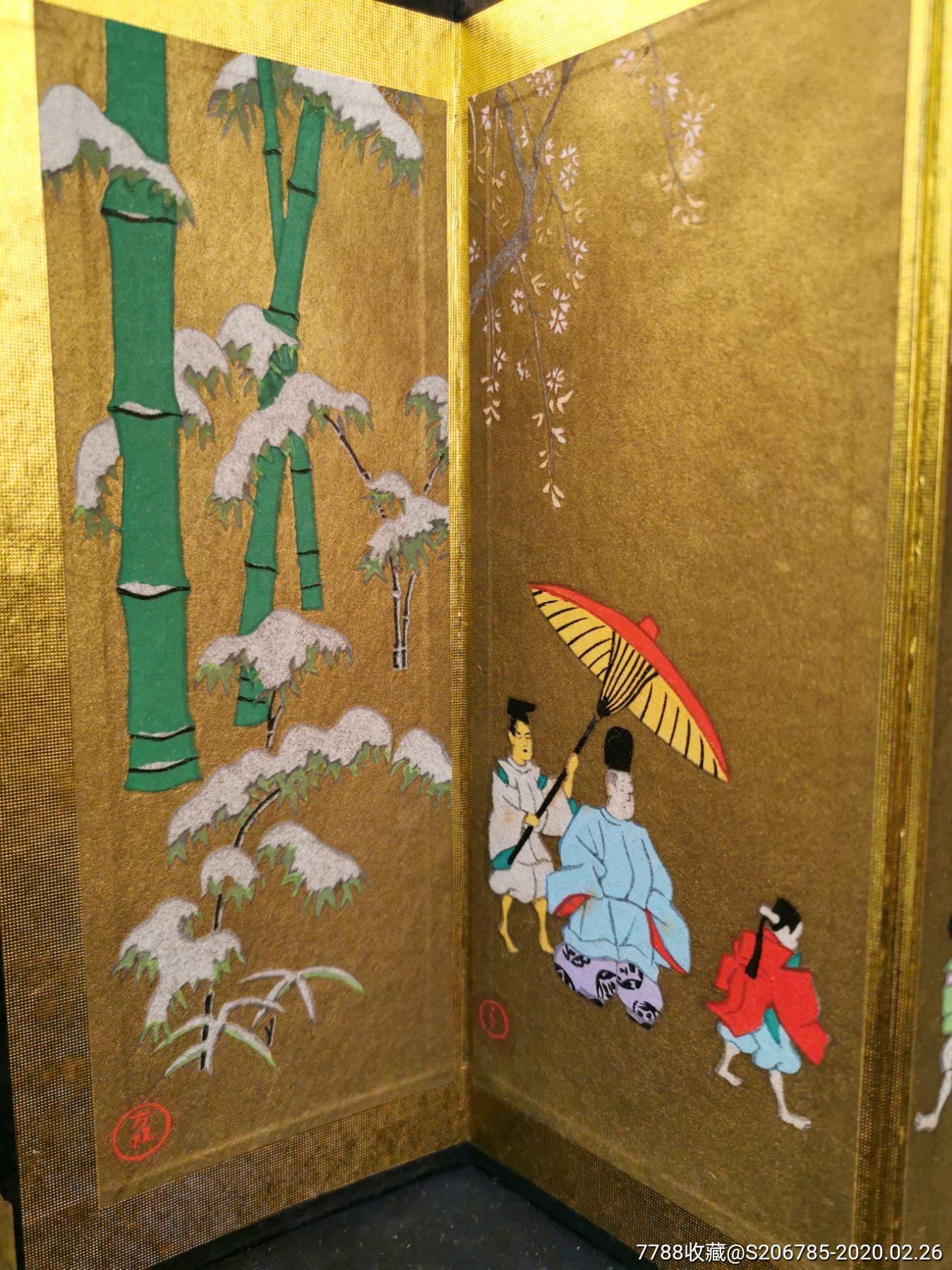 日本回流,金箔绘画,桌面小屏风,四折纯手绘纹饰人物,高22公分
