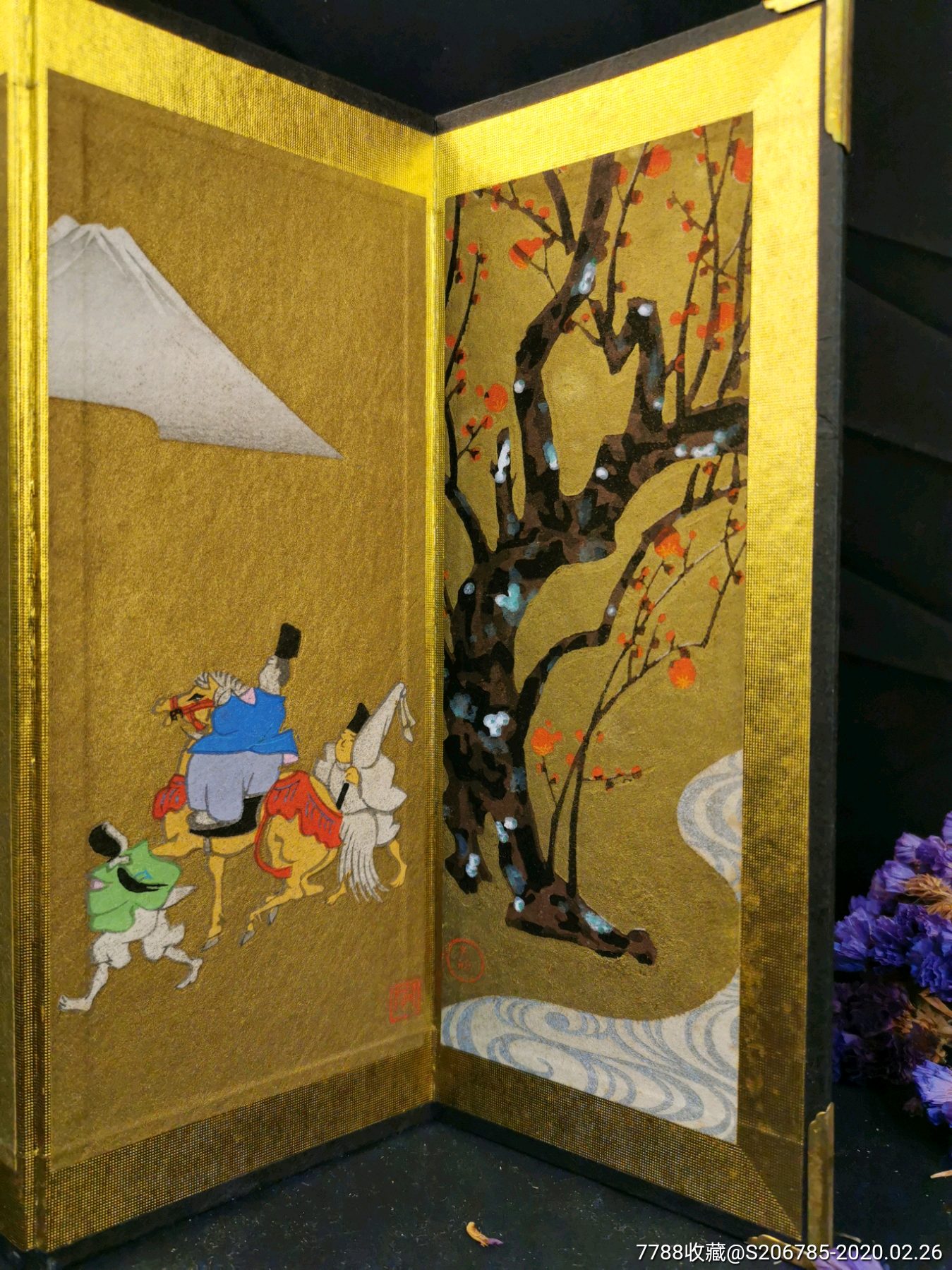 日本回流,金箔绘画,桌面小屏风,四折纯手绘纹饰人物,高22公分