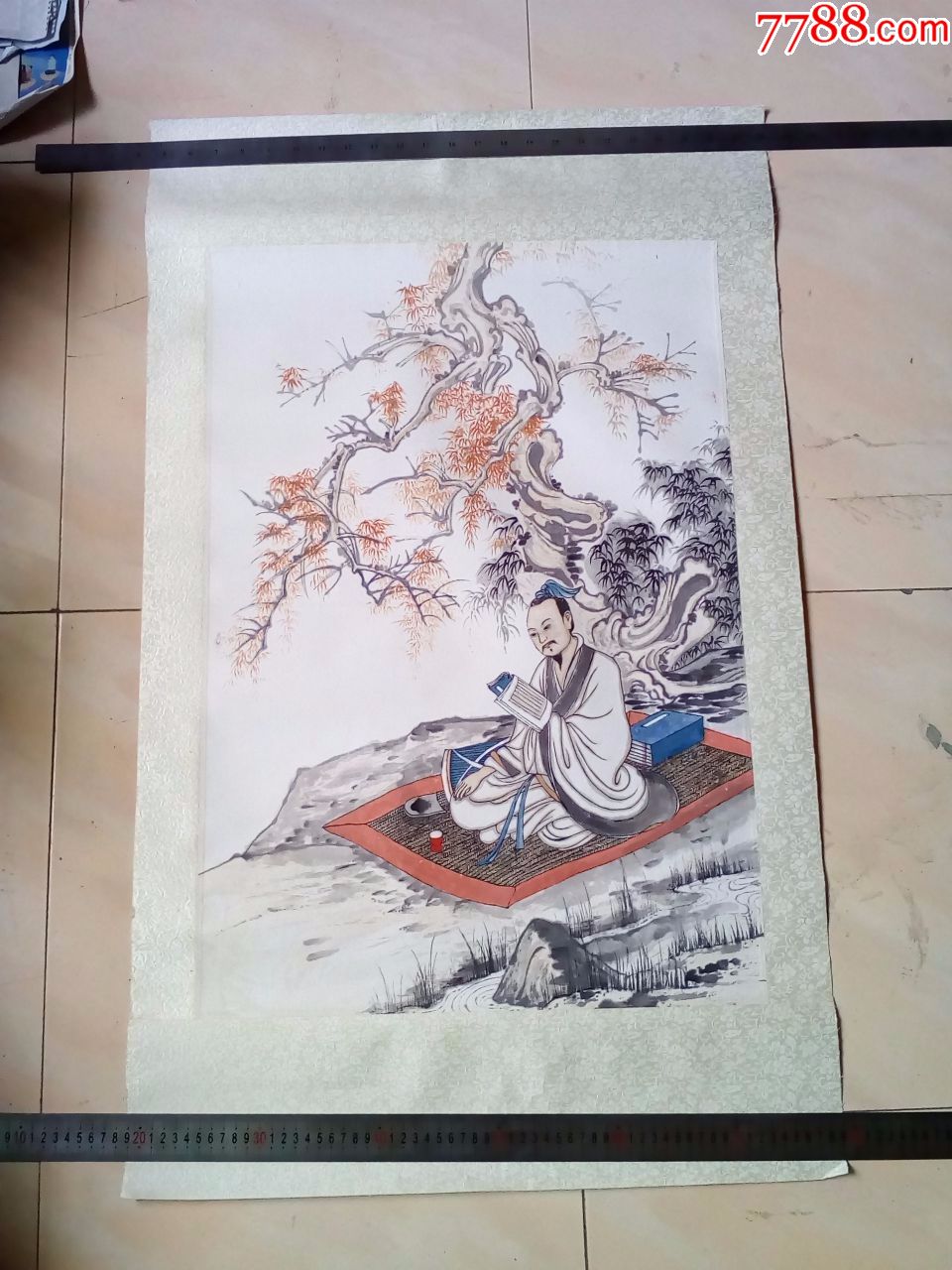 保证纯手工绘画,没有落款,人物画国画,工笔文人雅士读书配风景