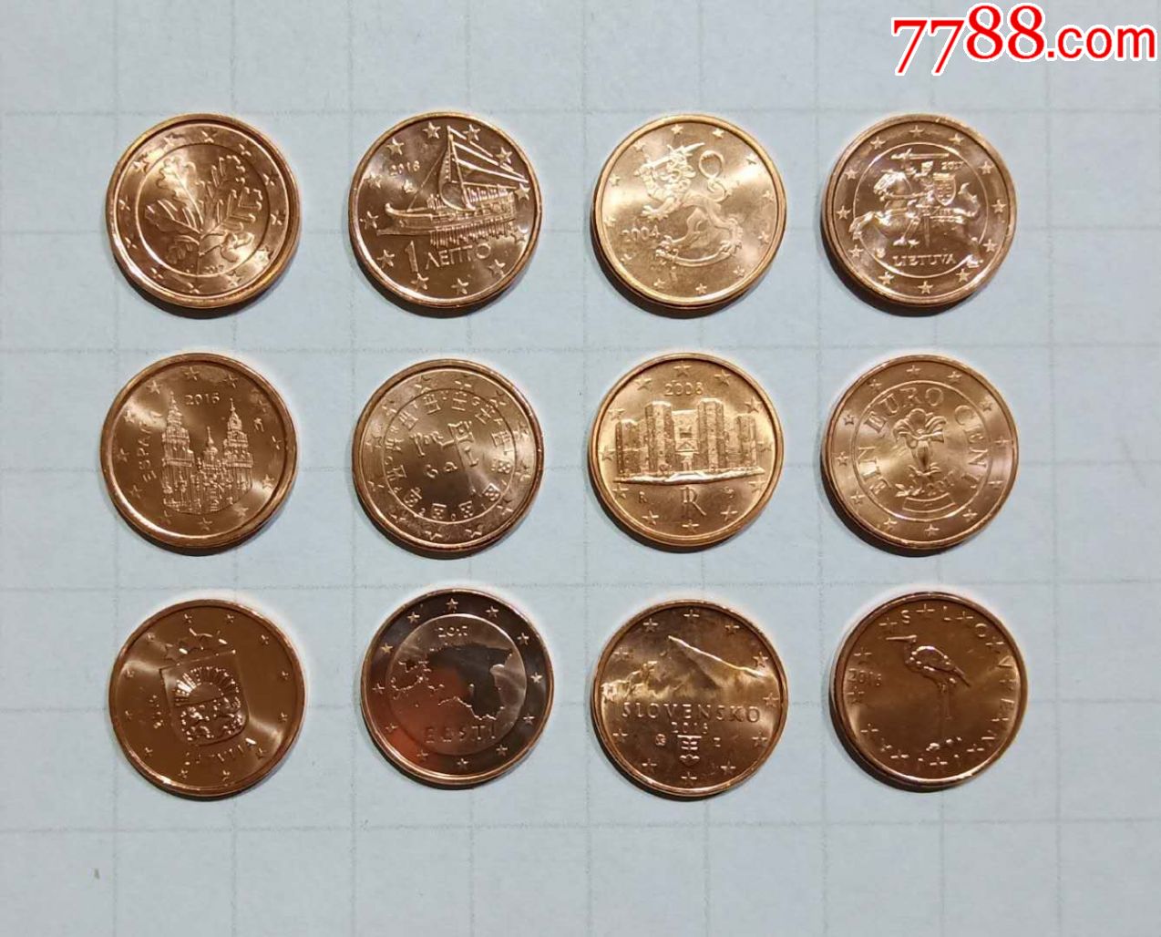欧洲十二国硬币欧元1分12枚新外国钱币