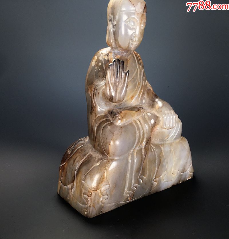 明老和田玉青白玉火烧玉观音坐像佛像玉雕摆件古玉老玉收藏