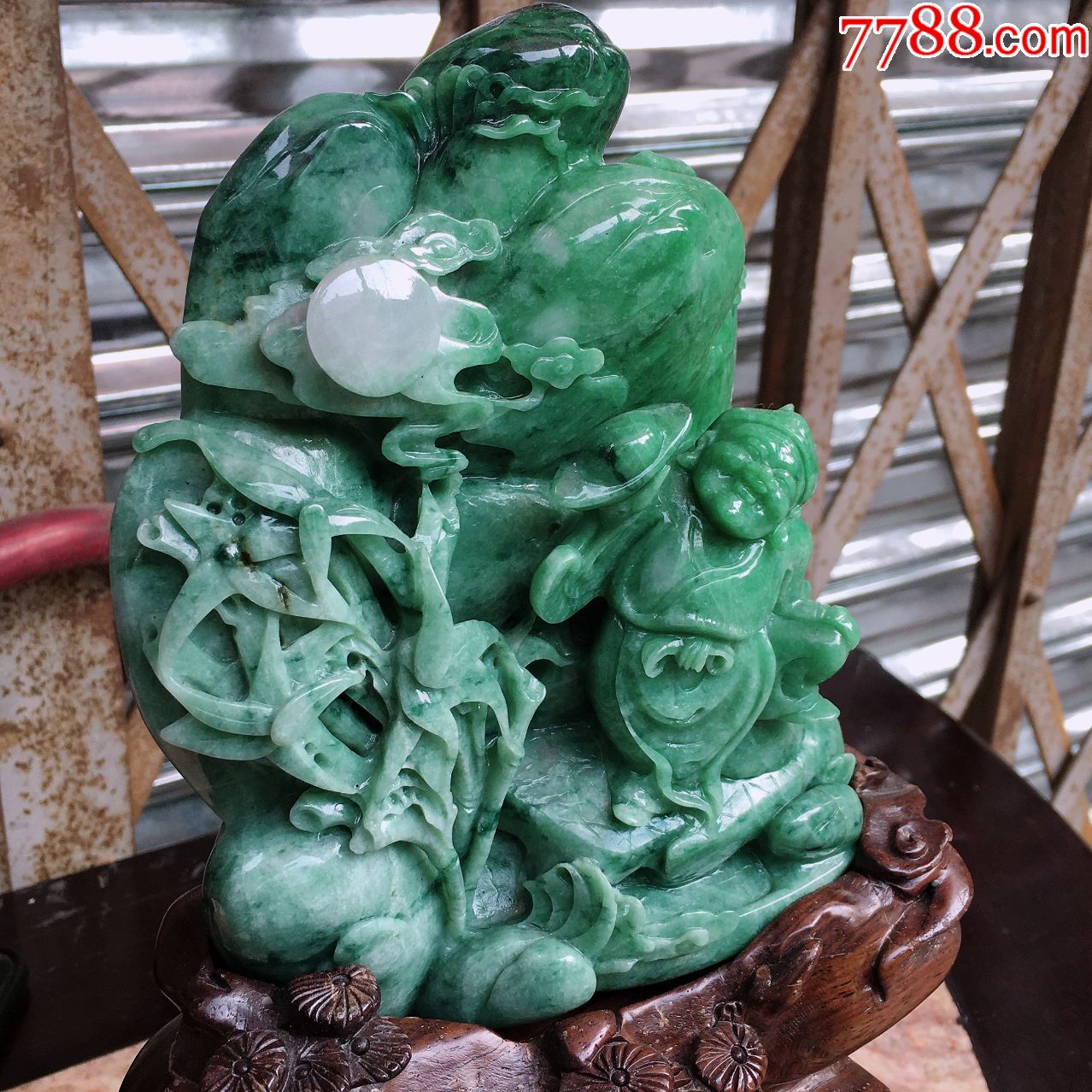 缅甸翡翠a货老坑冰糯种八方来财配底座水润精雕玉翡翠摆件