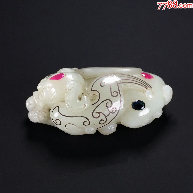 老和田玉白玉错银圆雕蝙蝠瑞兽把件挂件镶嵌碧玺宝石精品玉器