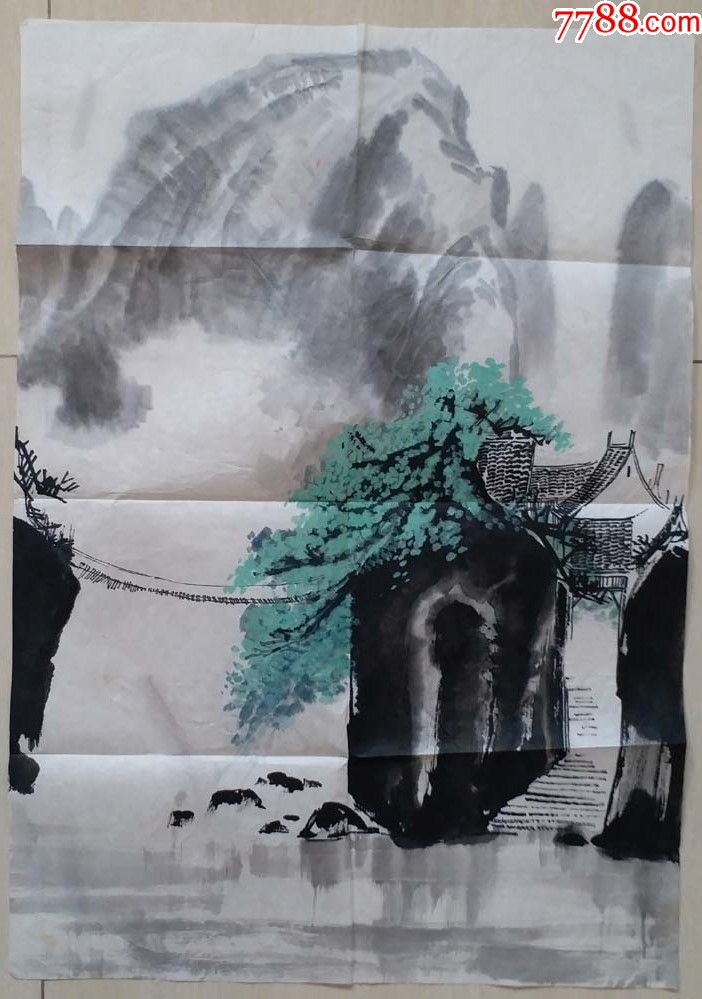 原人美社编辑,著名画家徐希"水乡"题材山水画及签名版画两张