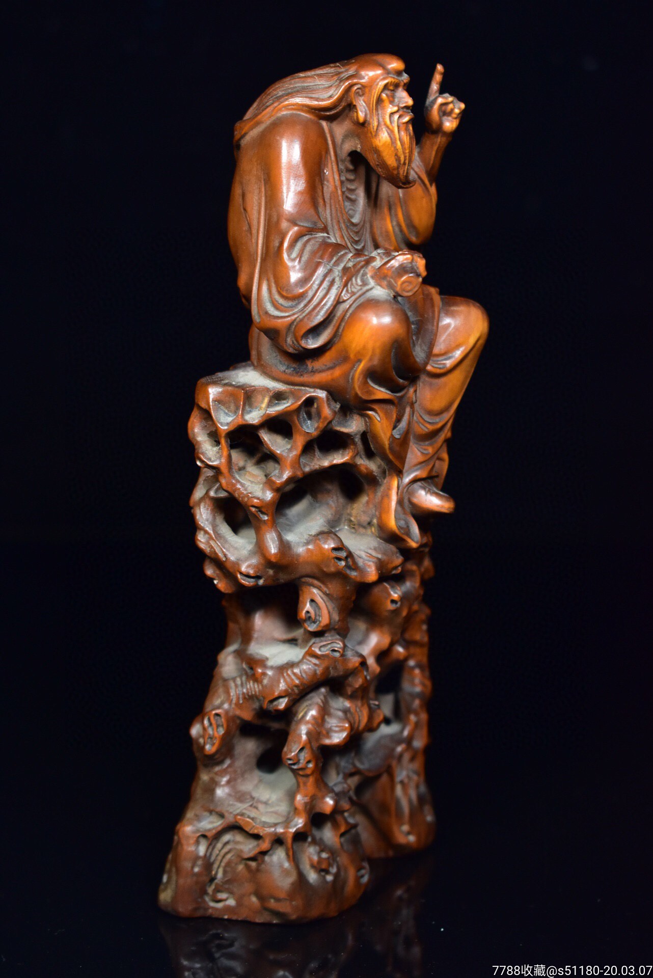 黄杨木缕空雕刻"老子问天"摆件,重222克,450