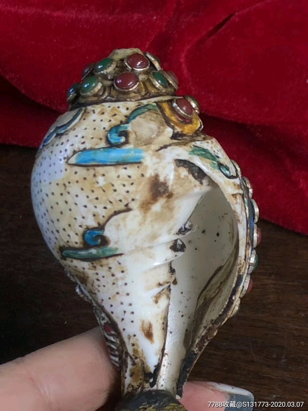 藏传佛教法螺摆件海螺法器天然白海螺一体雕刻镶嵌宝珠藏银底座藏地纯