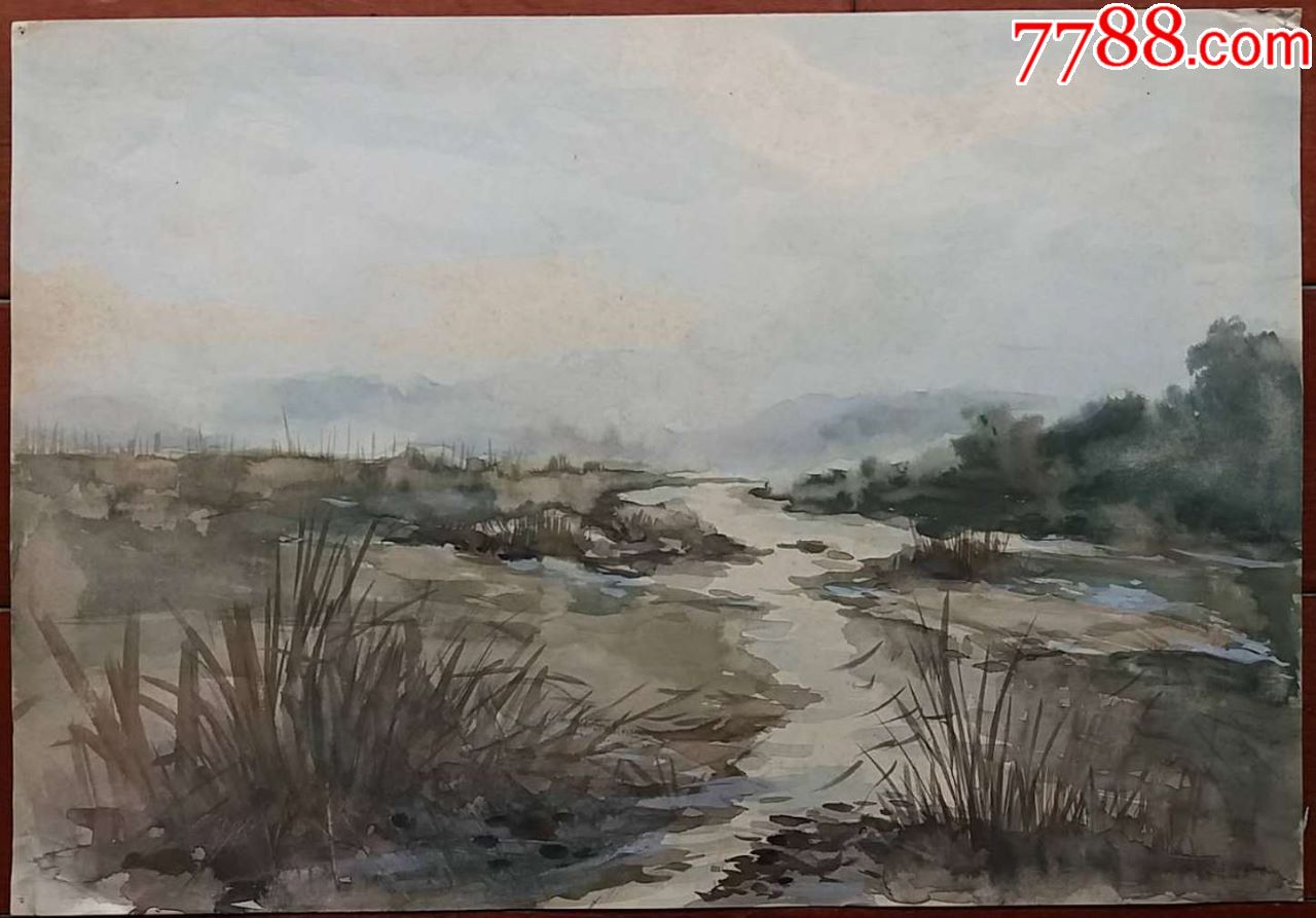 小河风景水粉画一张