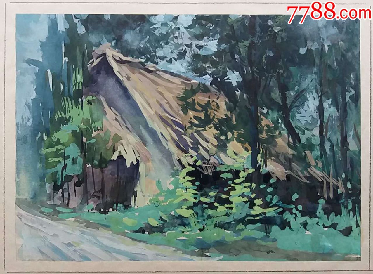 《林间小屋》风景水粉画一张