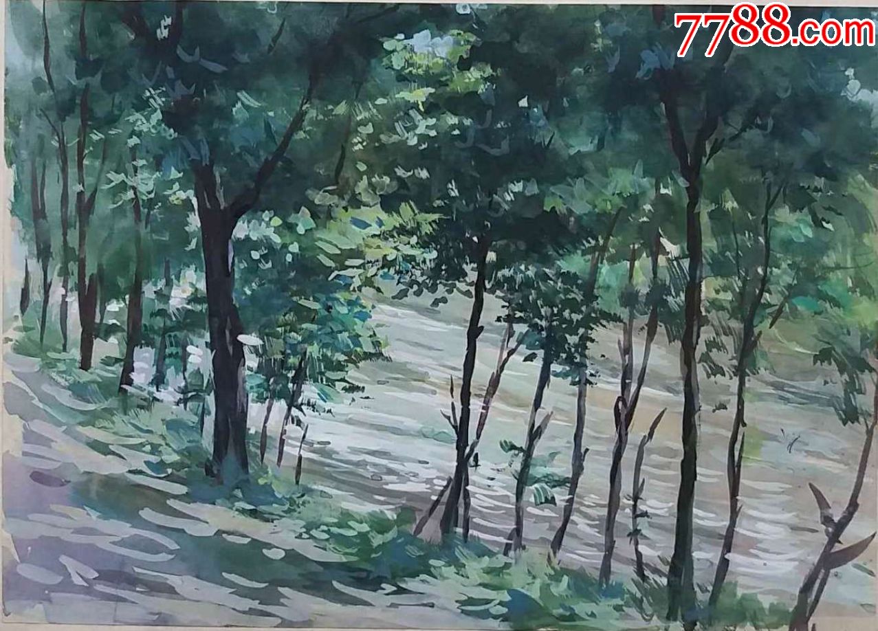 《树木小河》风景水粉原画1张