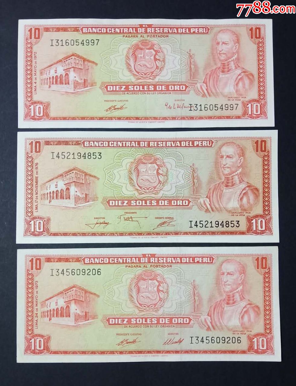 秘鲁10索尔纸币3种不同年份和签名外国钱币