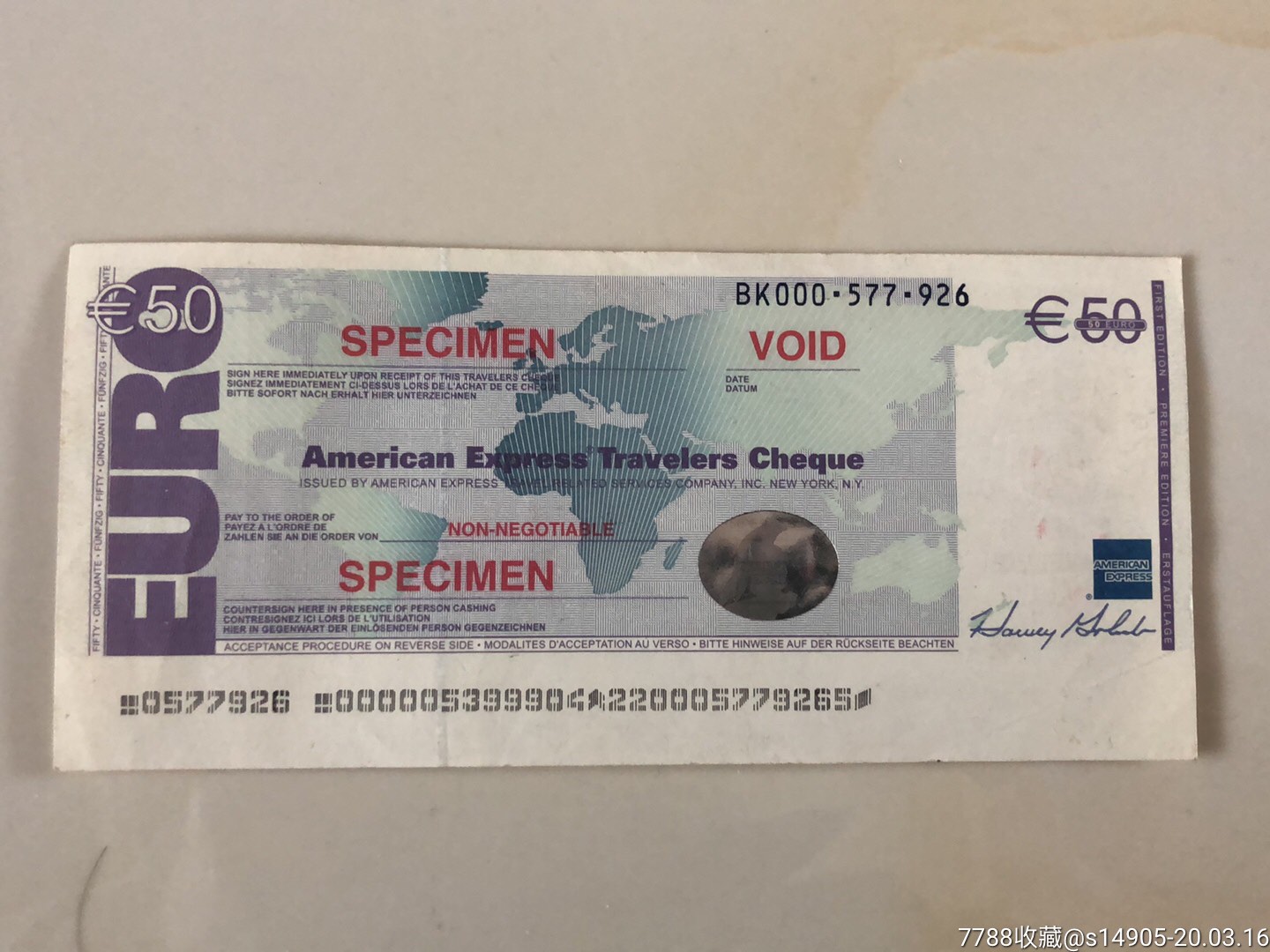 美国运通50欧元旅行支票