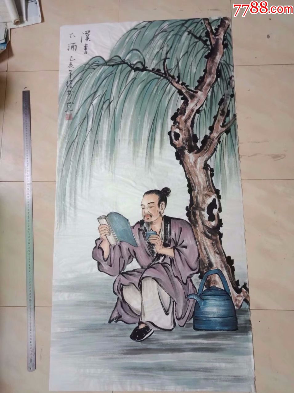 保证纯手工绘画,四尺大尺寸人物画国画,文人雅士松下读书图