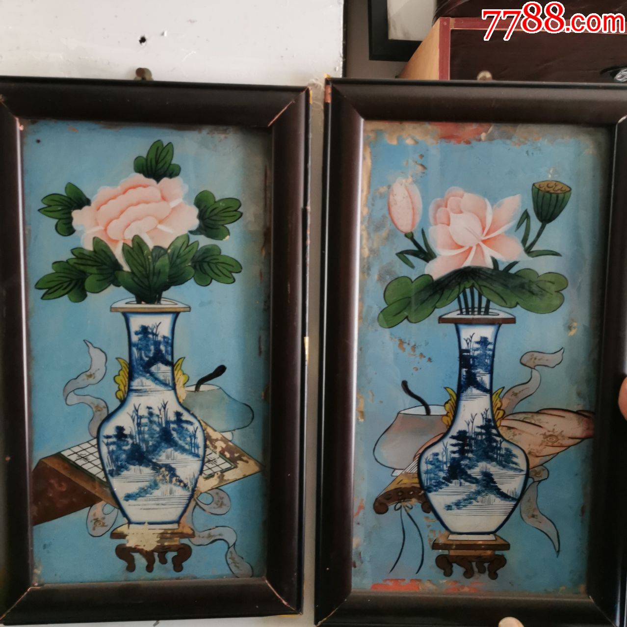 清代玻璃画一对反手画花卉图古玩