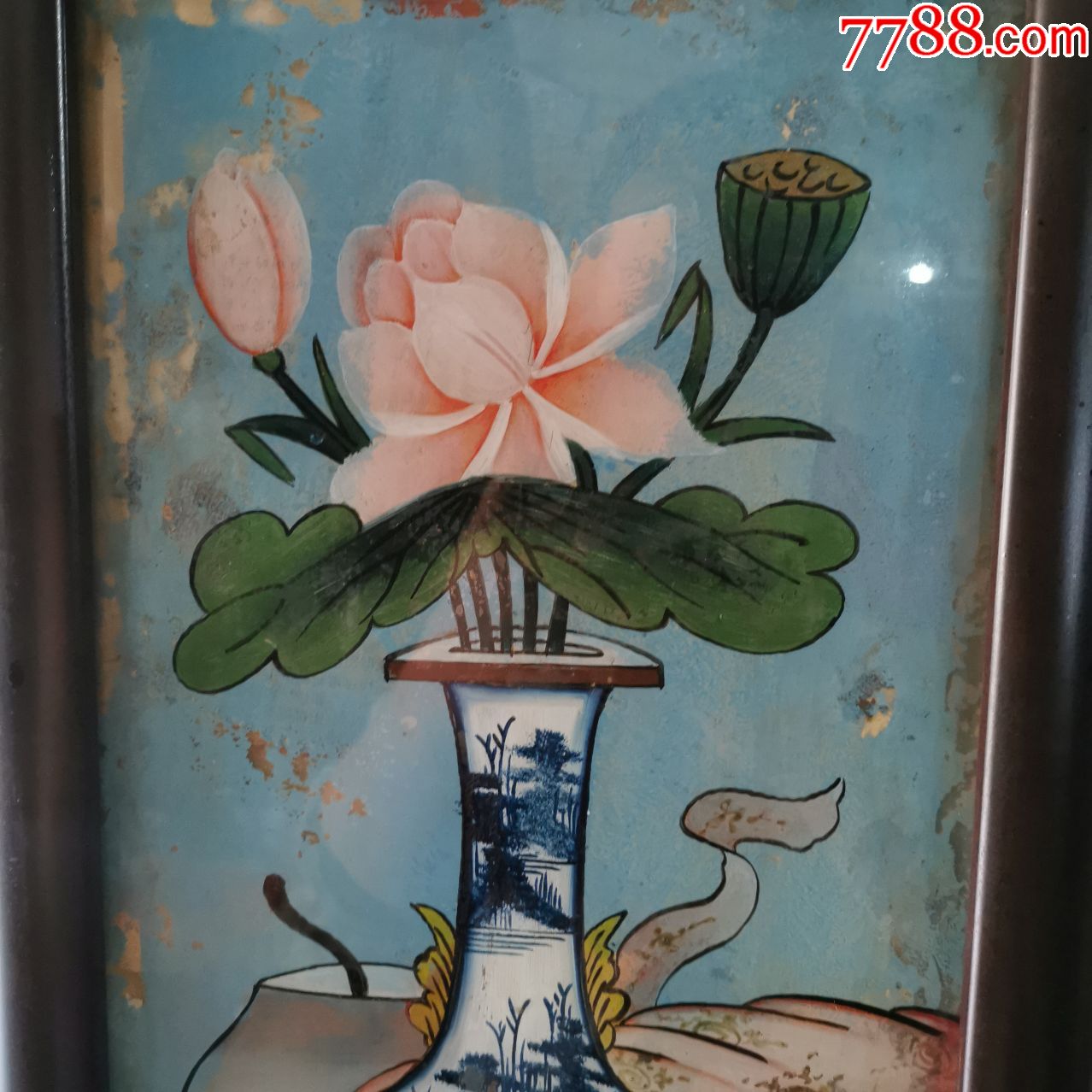 清代玻璃画一对反手画花卉图古玩
