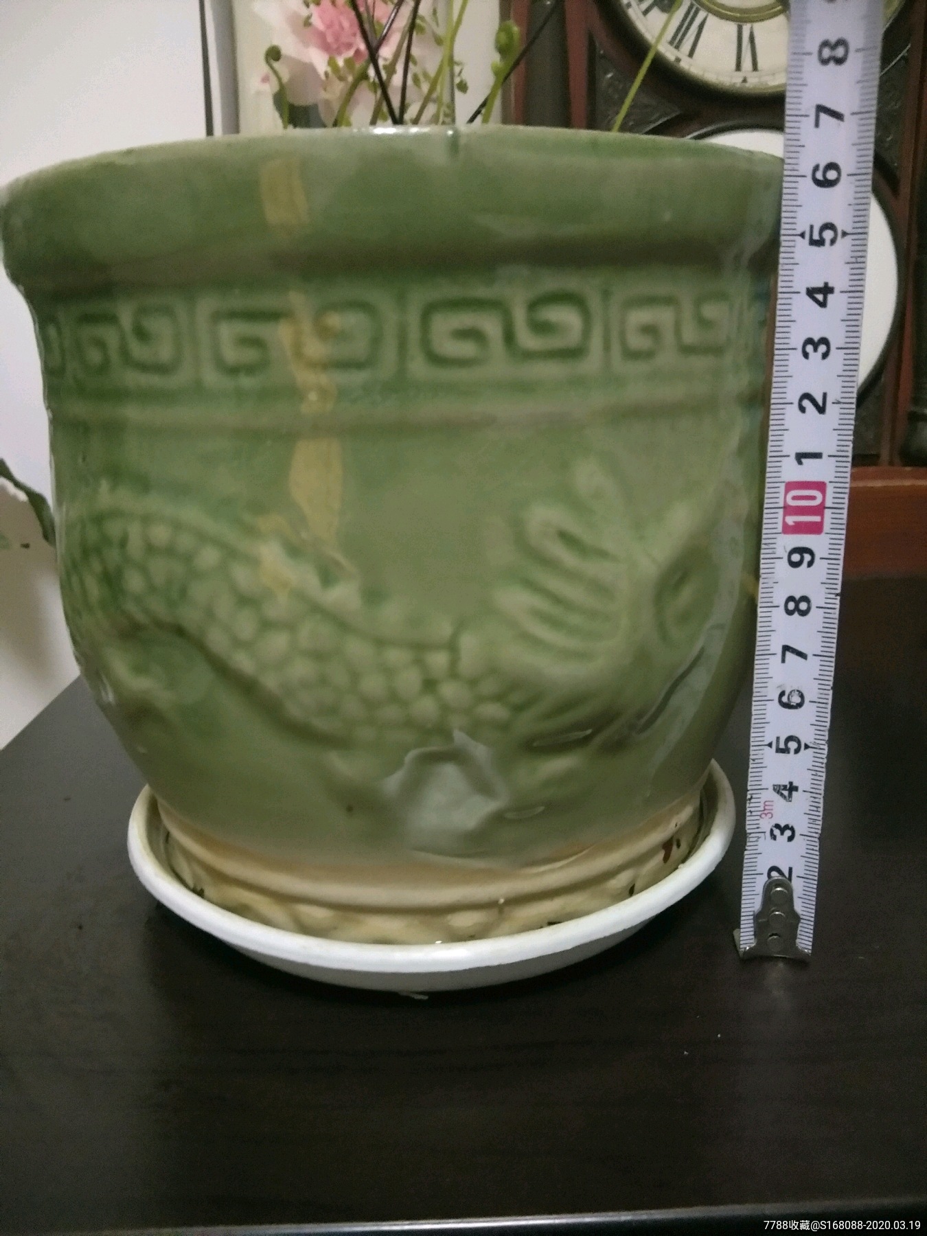 早期六七十石湾窑绿釉双龙图老花盆老瓷盆60年代70年代石湾窑绿釉龙纹