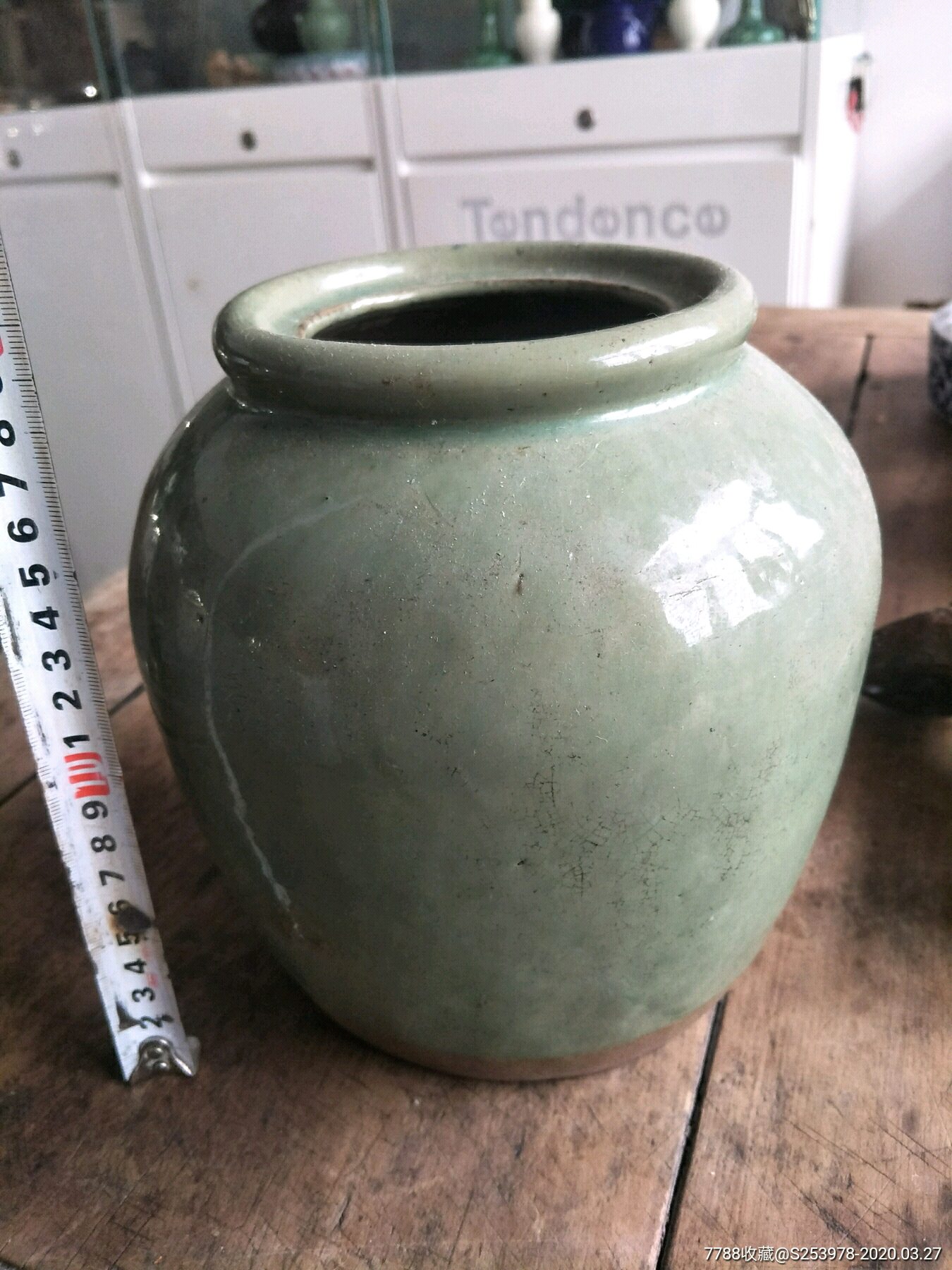 民国绿釉老罐大开门老件.