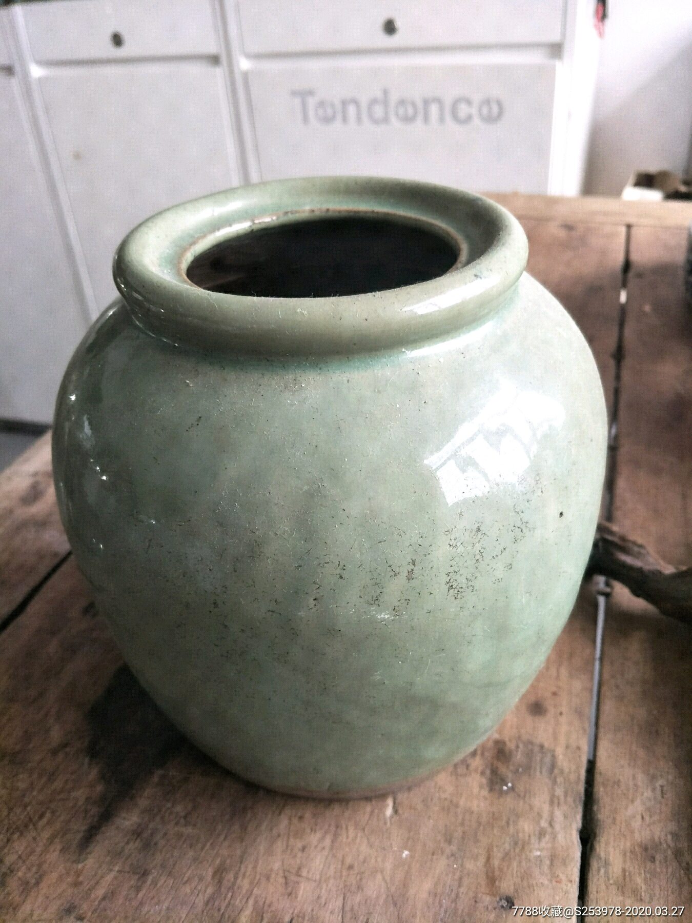 民国绿釉老罐大开门老件.