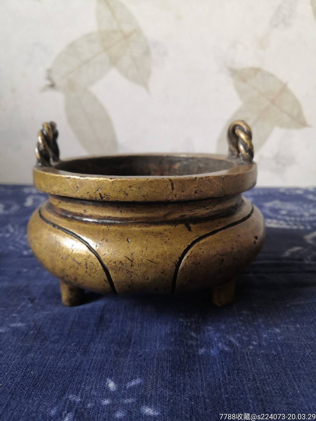 清代传世包浆,大明宣德年制款扭绳耳铜香炉,全品