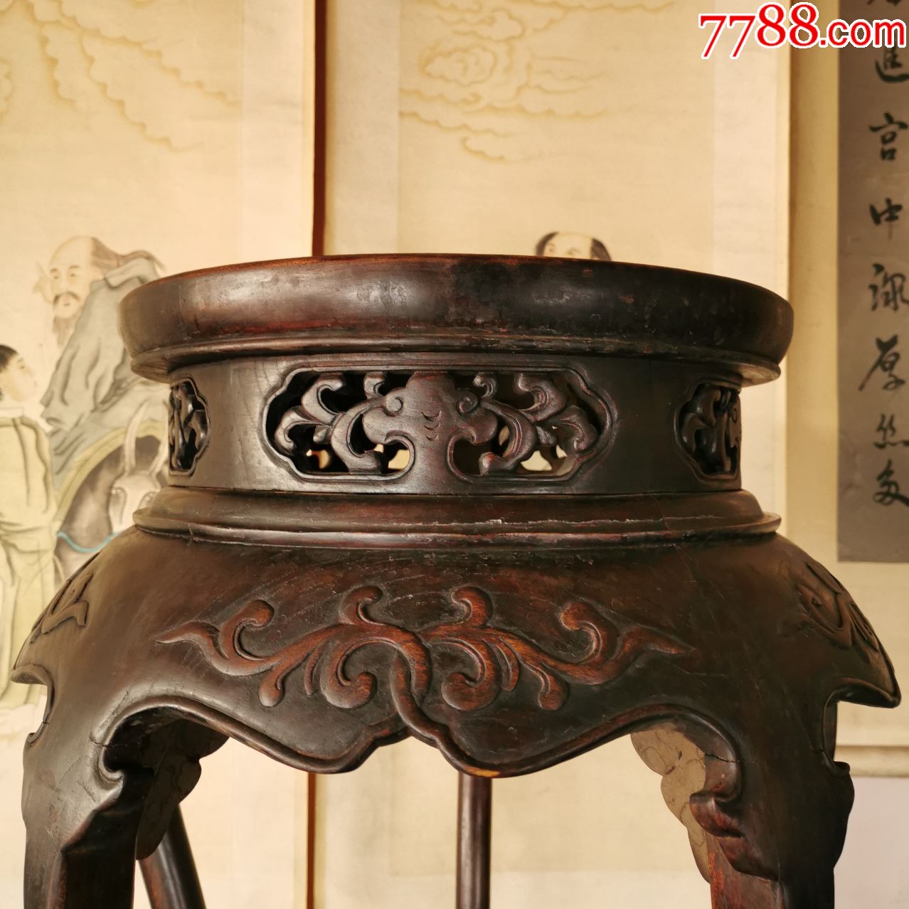 清代榆木香几弯腿带托泥花几茶馆会所摆件高档明清家具古玩老物件