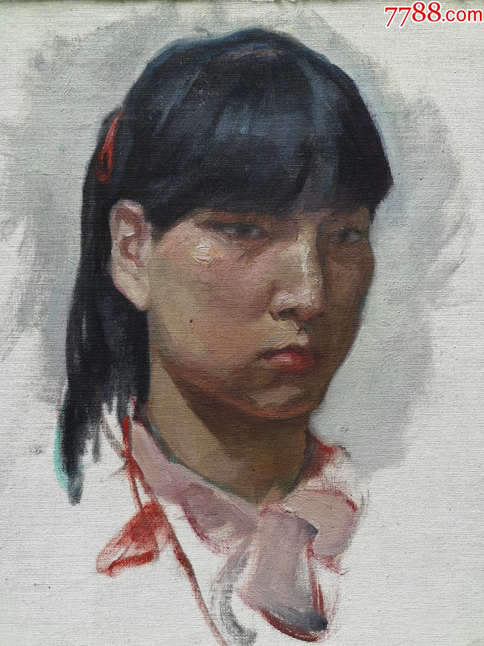 布面油画原作《短发女青年肖像2》(纸衬布)