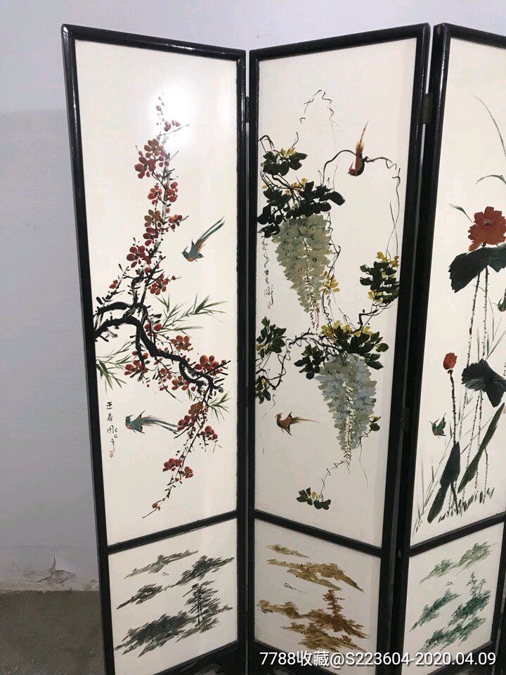 纯手绘墨彩花鸟屏风四扇,绘画漂亮精湛,色彩靓丽,背后