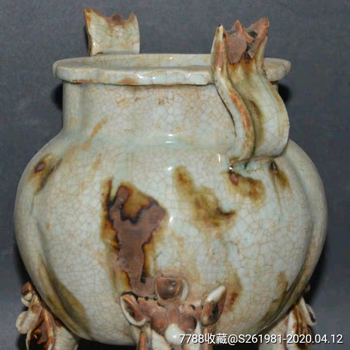 湖田窑影青点彩全手工捏雕三足香炉古玩古货老货收藏_价格220.