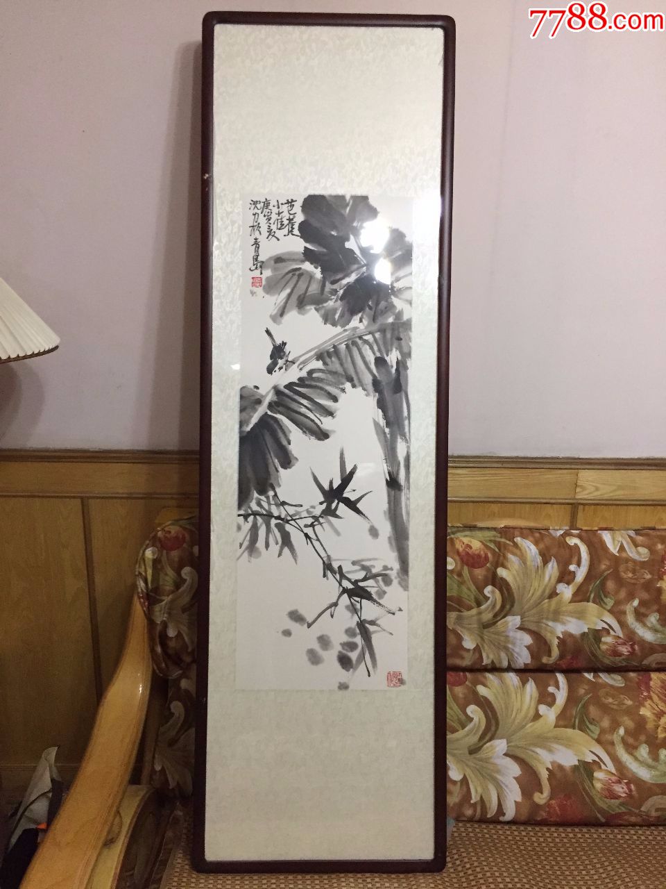 国画名家作品《芭蕉小雀》安徽著名画家沈力先生花鸟国画,96*34cm