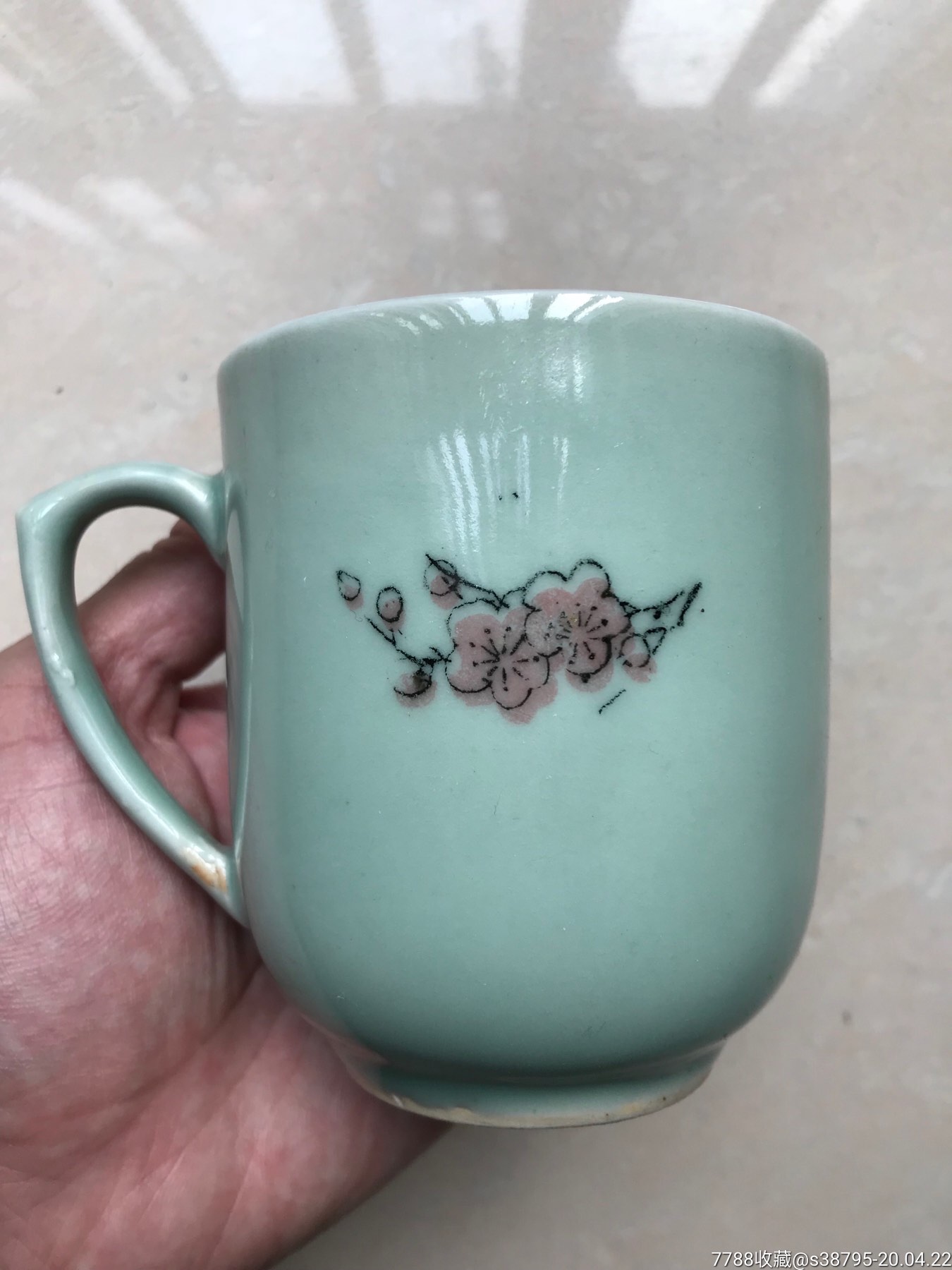 七八十年代龙泉青釉釉下彩喜鹊登梅茶杯