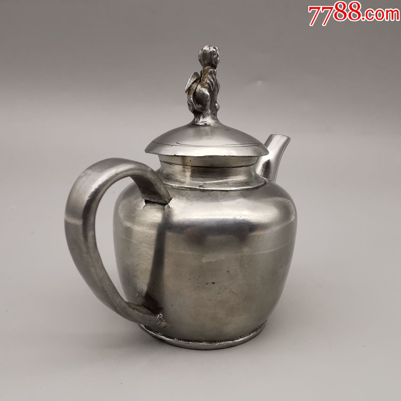 清代锡壶白锡酒壶一把抓小茶壶锡制纯厚重瑞兽盖钮古玩茶具收藏品