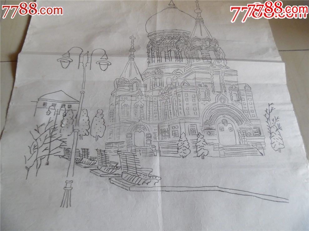 哈尔滨的【索菲亚教堂】铅笔画---包老71厘米--48厘米